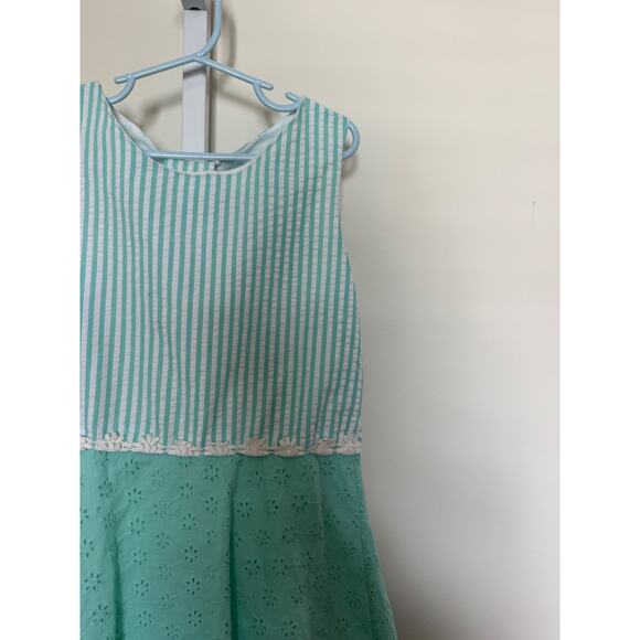 Vtg Rare Editions Eyelet Lace Dress Mint Green and Stripe Bow Back Girls 10 - Picture 2 of 6